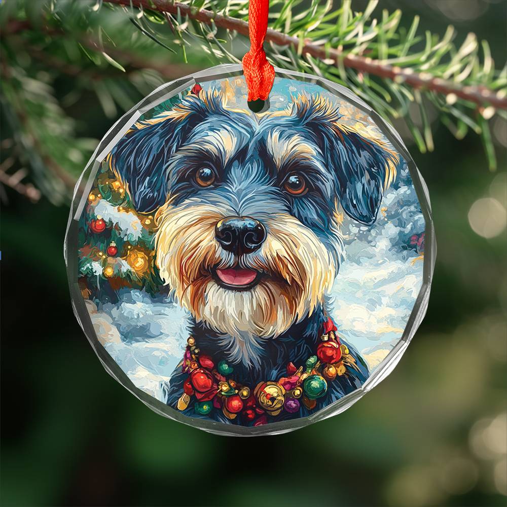 Beautiful Angus Miniature Schnauzer Dog Christmas Night Design 1 Glass Ornament