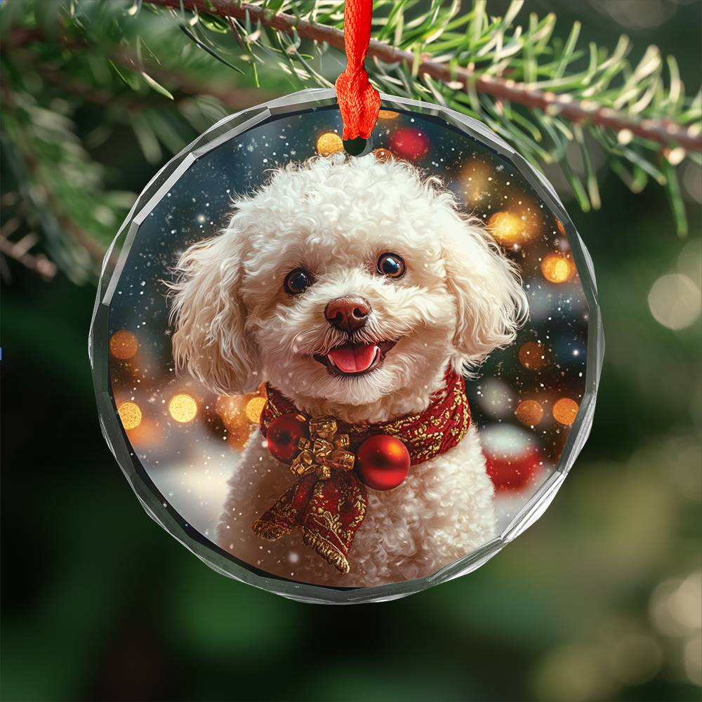 Beautiful Bichon Frise Dog Christmas Night Design 2 Glass Ornament
