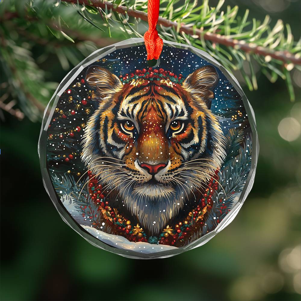 Beautiful Tiger Christmas Night Design 3 Glass Ornament