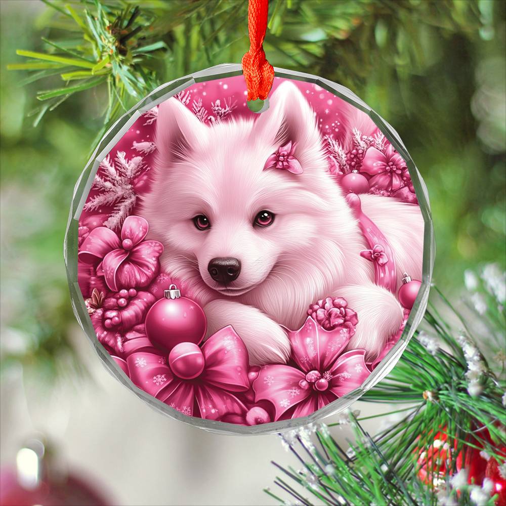 Samoyed Dog Pink Christmas Design 3 Glass Ornament