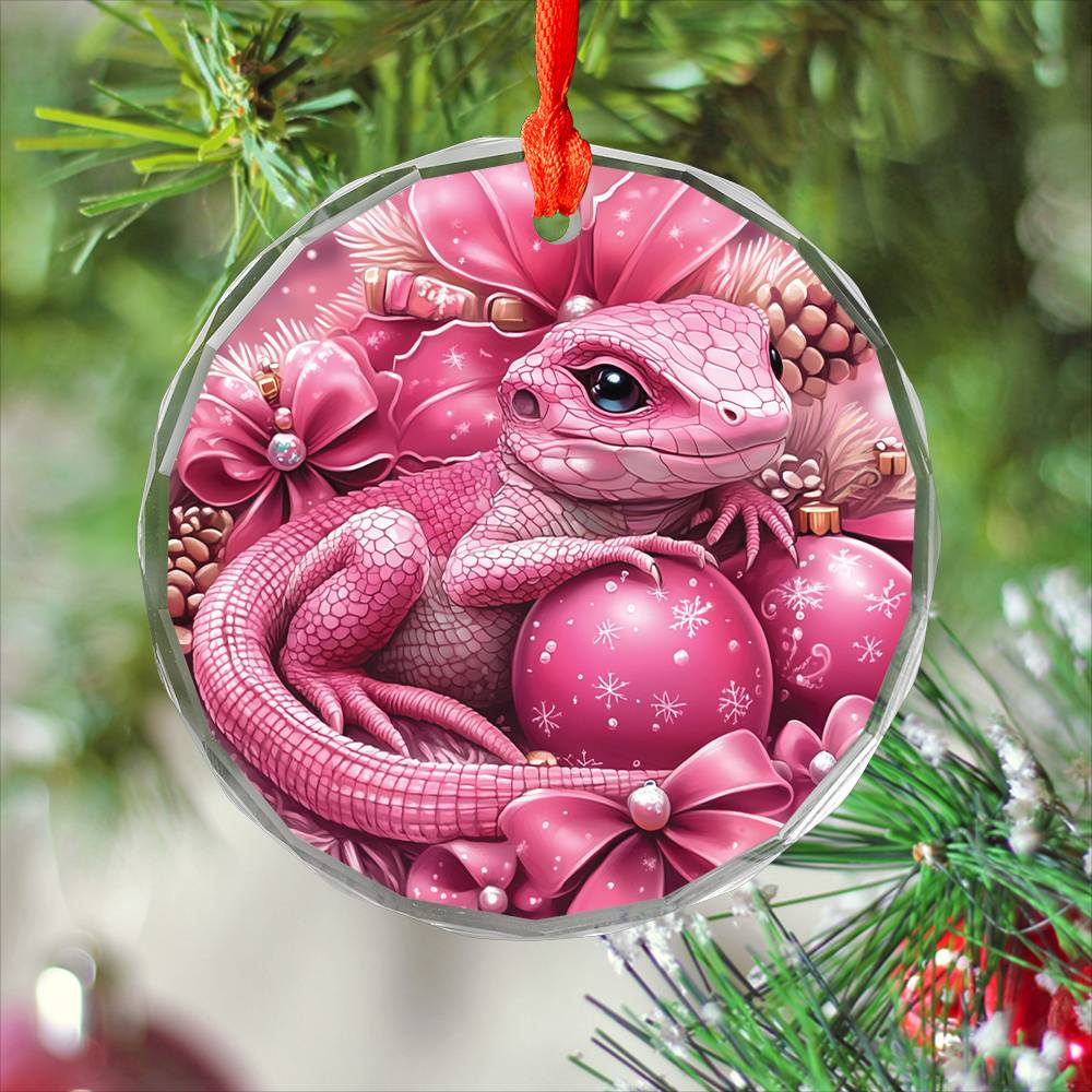 Lizard Pink Christmas Design 2 Glass Ornament