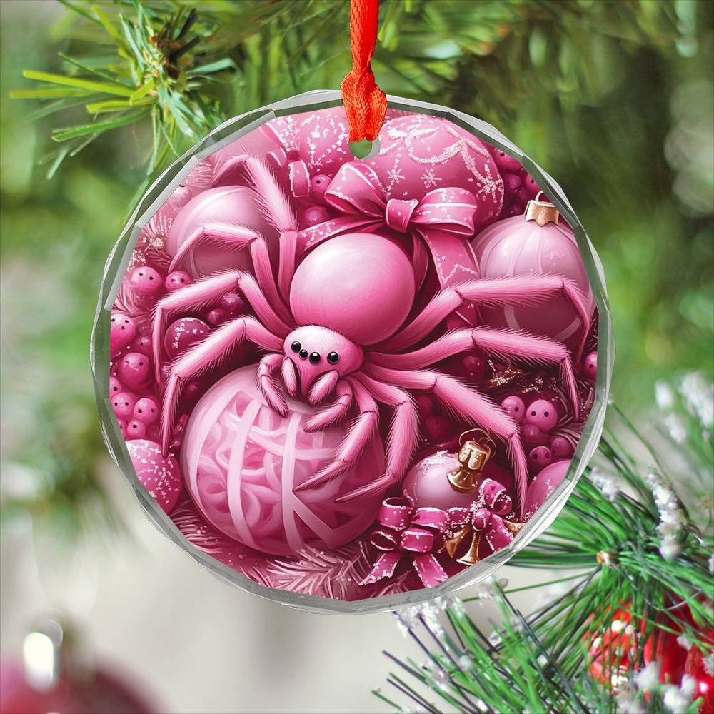 Spider Pink Christmas Design 3 Glass Ornament