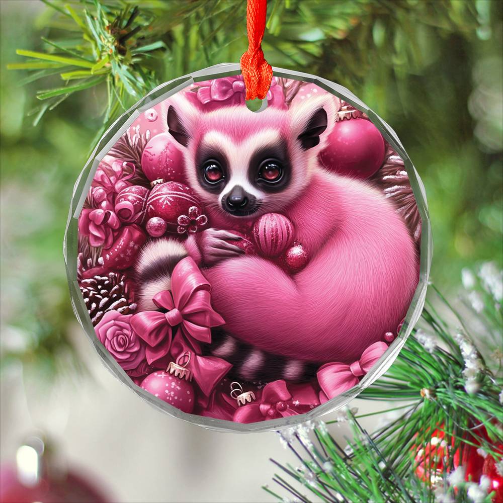 Lemur Pink Christmas Design 2 Glass Ornament