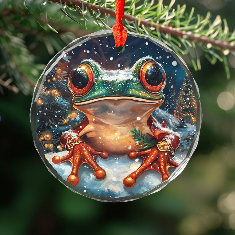 Beautiful Angus Frog Christmas Night Design 3 Glass Ornament