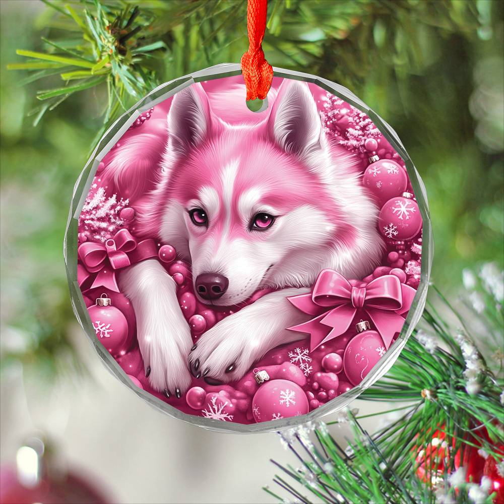 Siberian Huskie Dog Pink Christmas Design 1 Glass Ornament