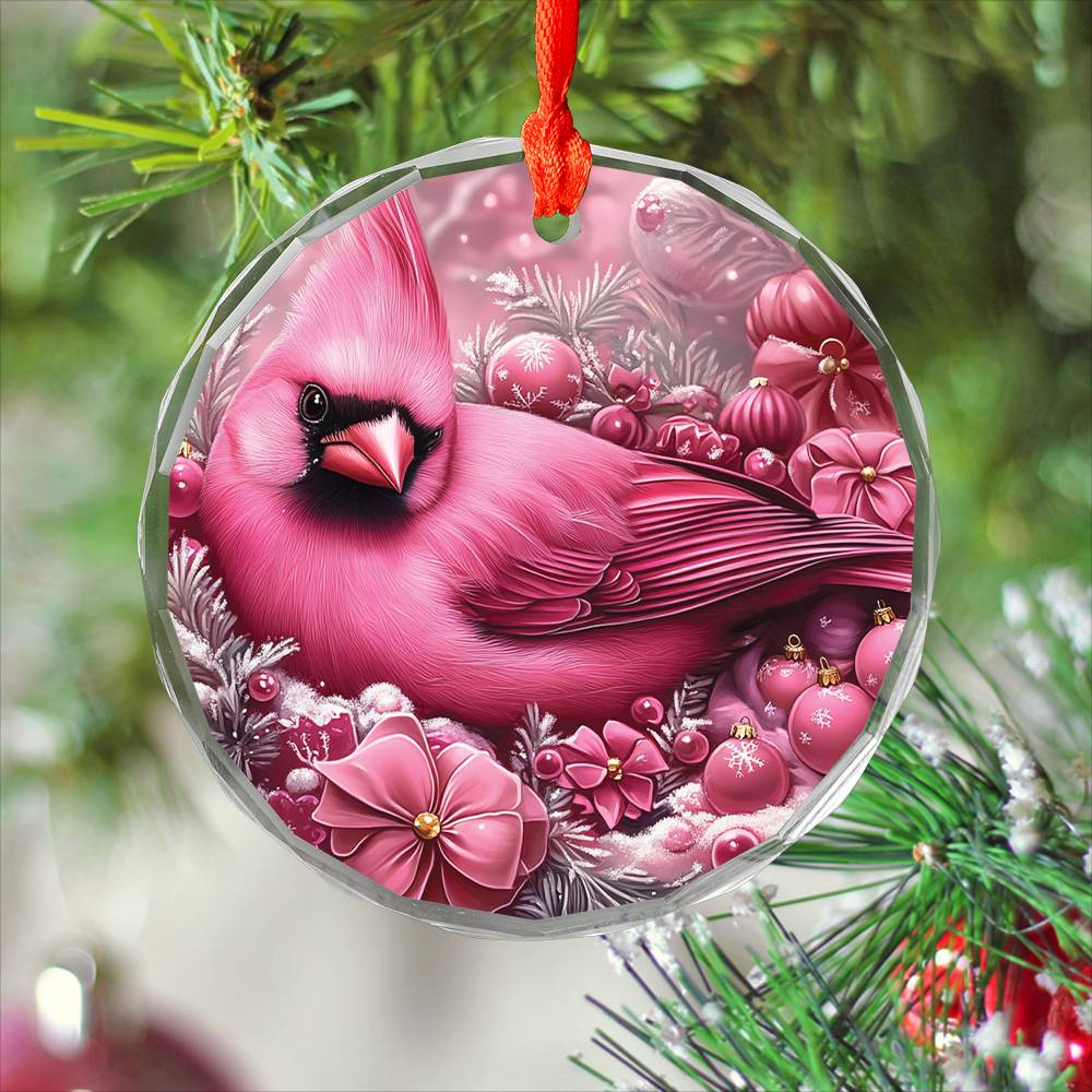 Cardinal Pink Christmas Design 3 Glass Ornament
