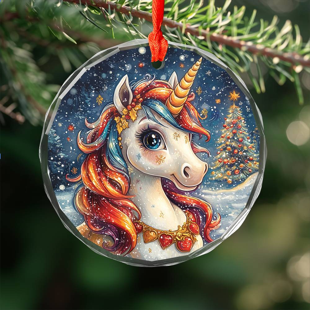 Beautiful Angus Unicorn Christmas Night Design 3 Glass Ornament