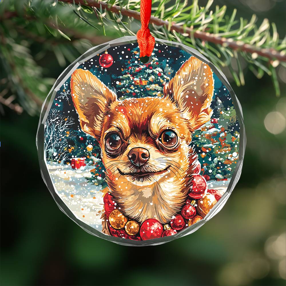 Beautiful Chihuahua Dog Christmas Night Design 3 Glass Ornament