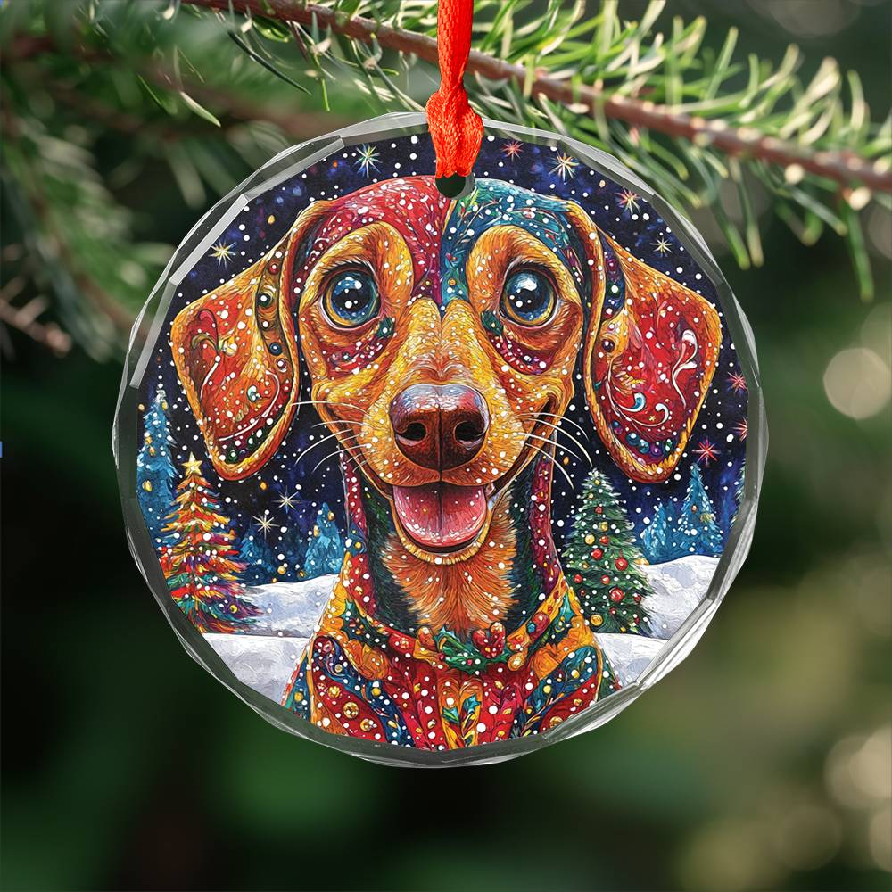 Beautiful Angus Dachshund Dog Christmas Night Design 3 Glass Ornament