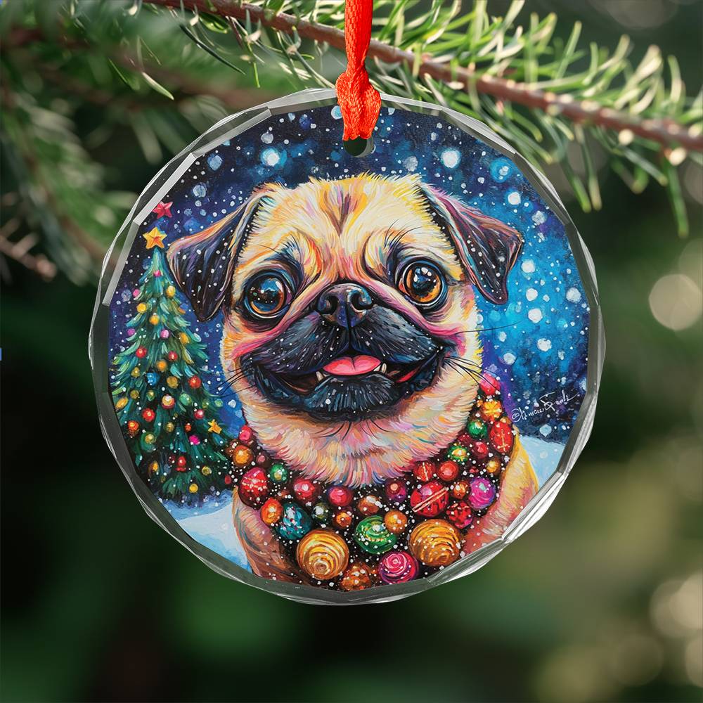 Beautiful Pug Dog Christmas Night Design 3 Glass Ornament
