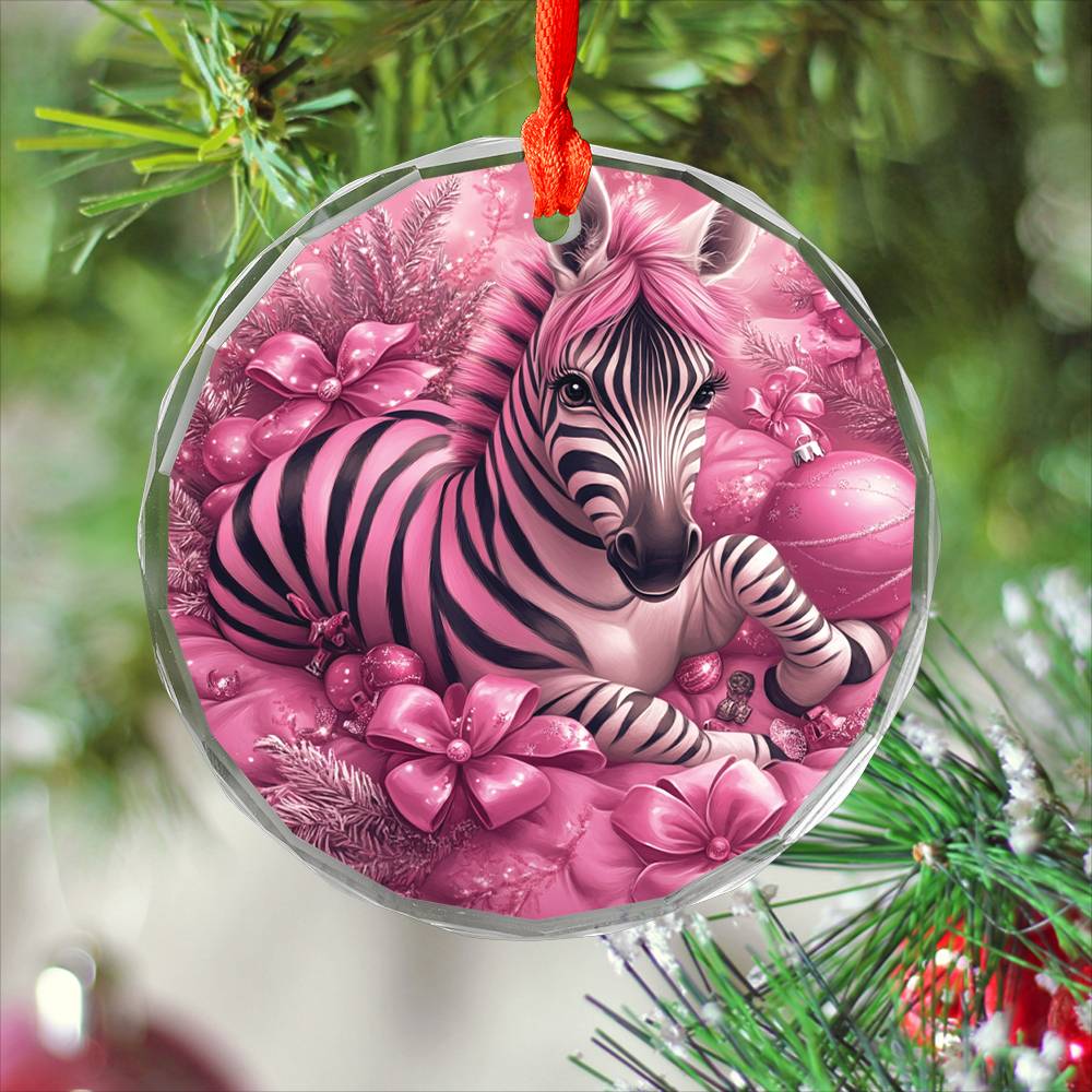 Zebra Pink Christmas Design 3 Glass Ornament