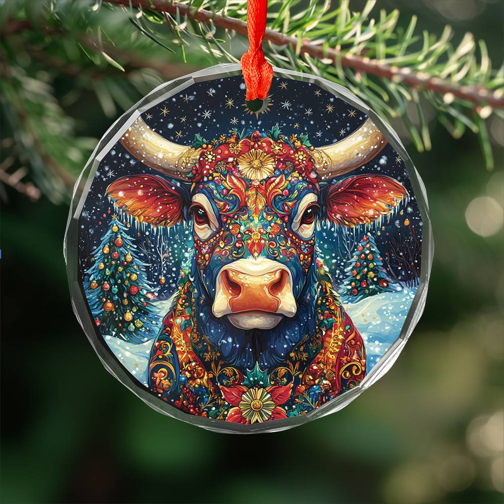 Beautiful Bull Christmas Night Design 2 Glass Ornament