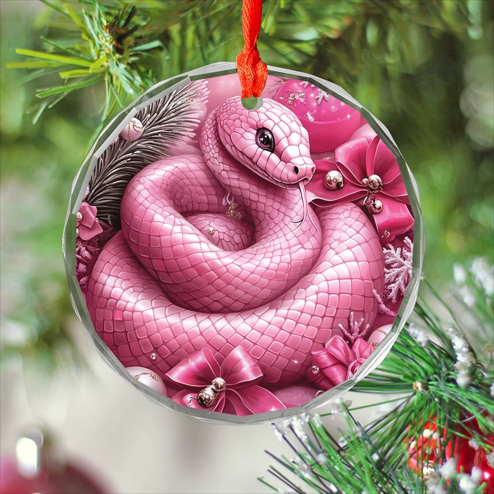 Snake Pink Christmas Design 1 Glass Ornament