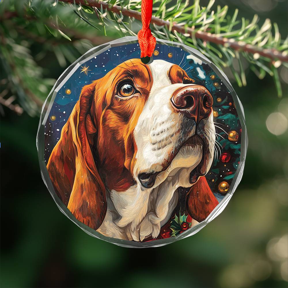 Beautiful Bassett Hound Dog Christmas Night Design 1 Glass Ornament