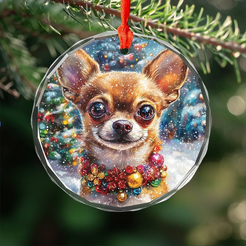 Beautiful Chihuahua Dog Christmas Night Design 2 Glass Ornament