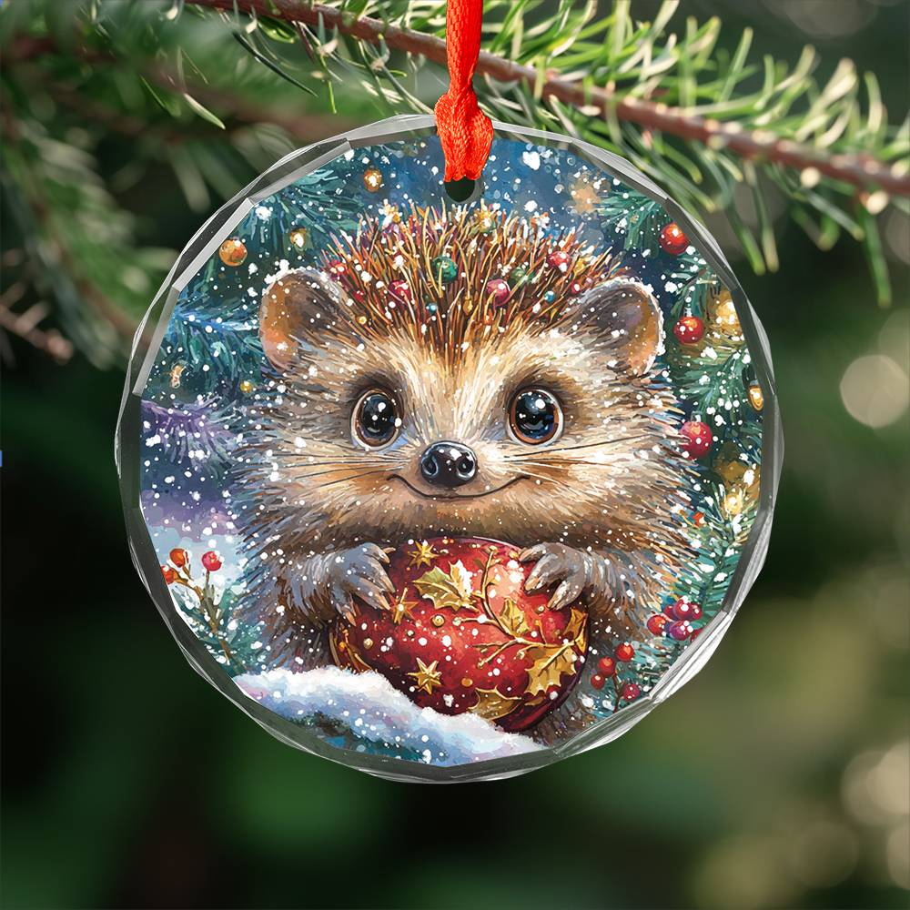 Beautiful Angus Hedgehog Christmas Night Design 3 Glass Ornament