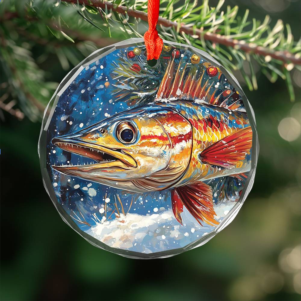 Beautiful Angus Wahoo Fish Christmas Night Design 2 Glass Ornament