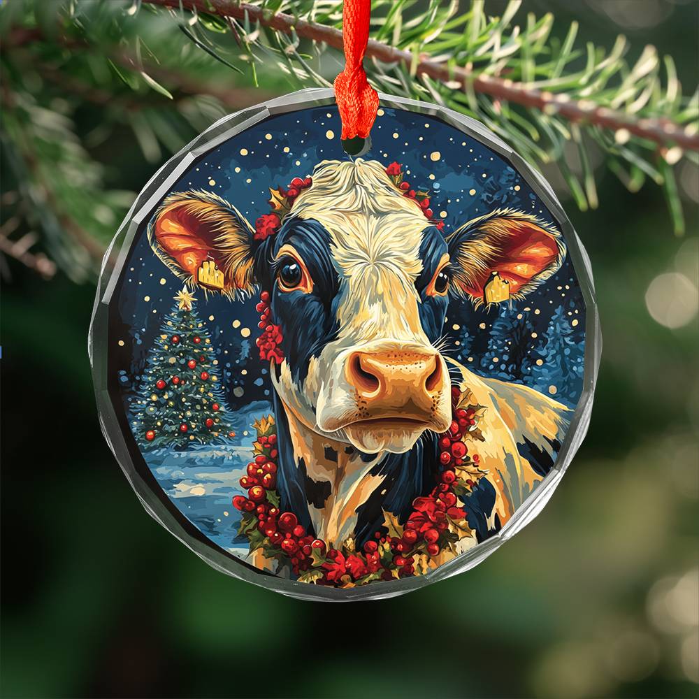 Beautiful Dairy Cow Christmas Night Design 2 Glass Ornament