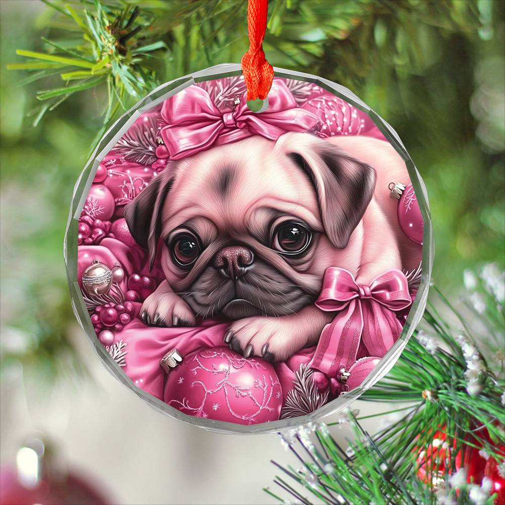 Pug Dog Pink Christmas Design 2 Glass Ornament