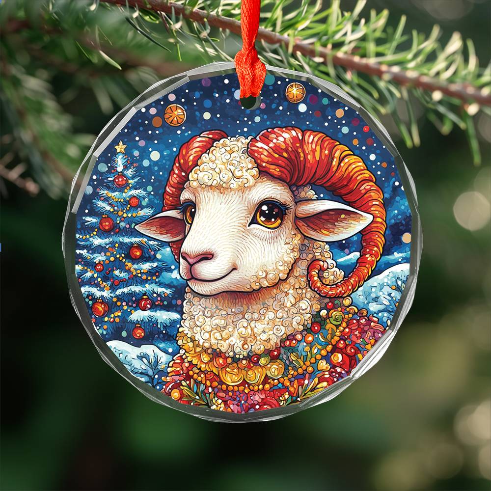 Beautiful Sheep Christmas Night Design 4 Glass Ornament