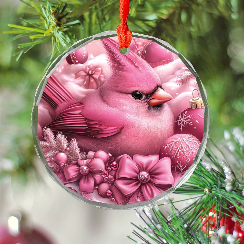 Cardinal Pink Christmas Design 2 Glass Ornament