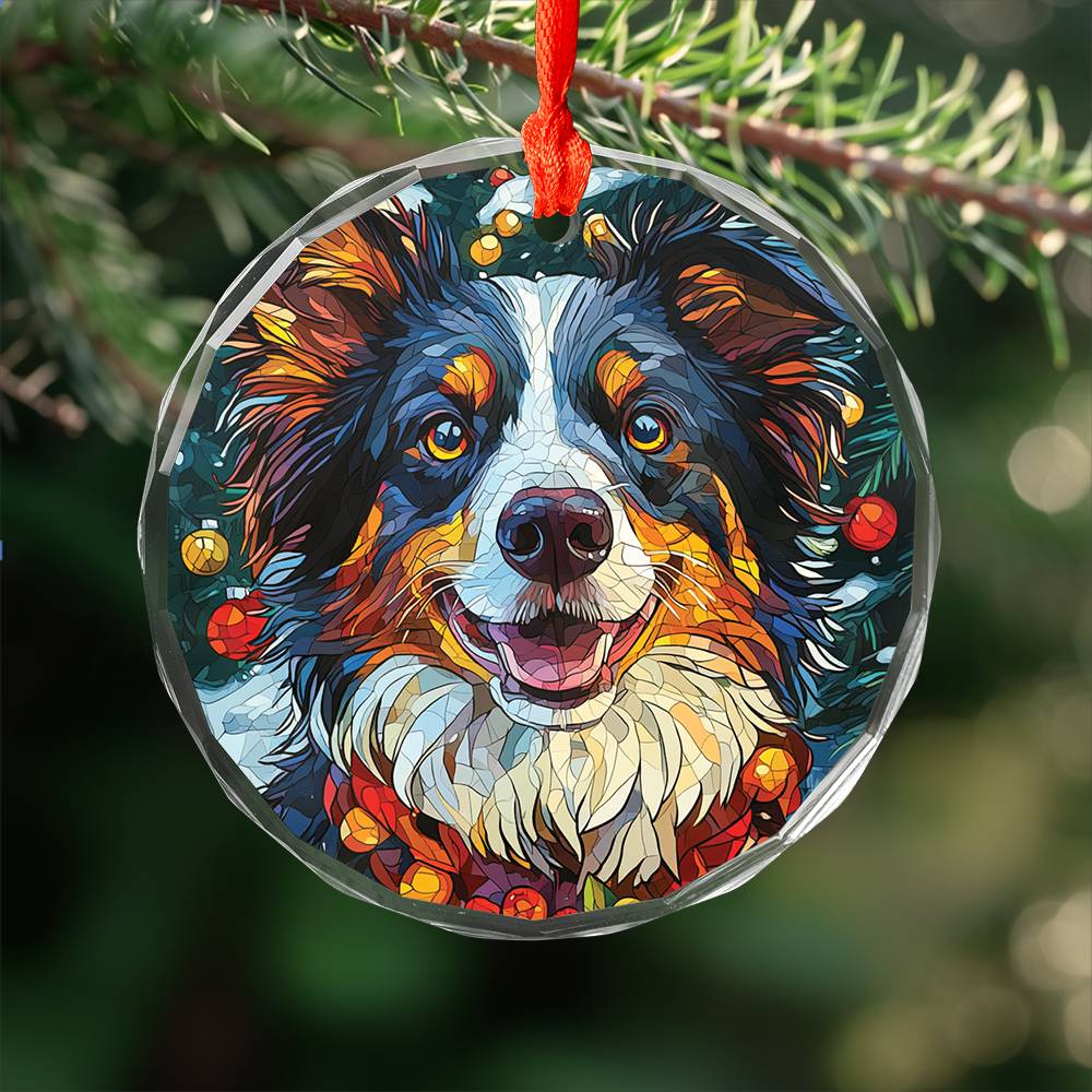 Beautiful Border Collie Dog Christmas Night Design 4 Glass Ornament