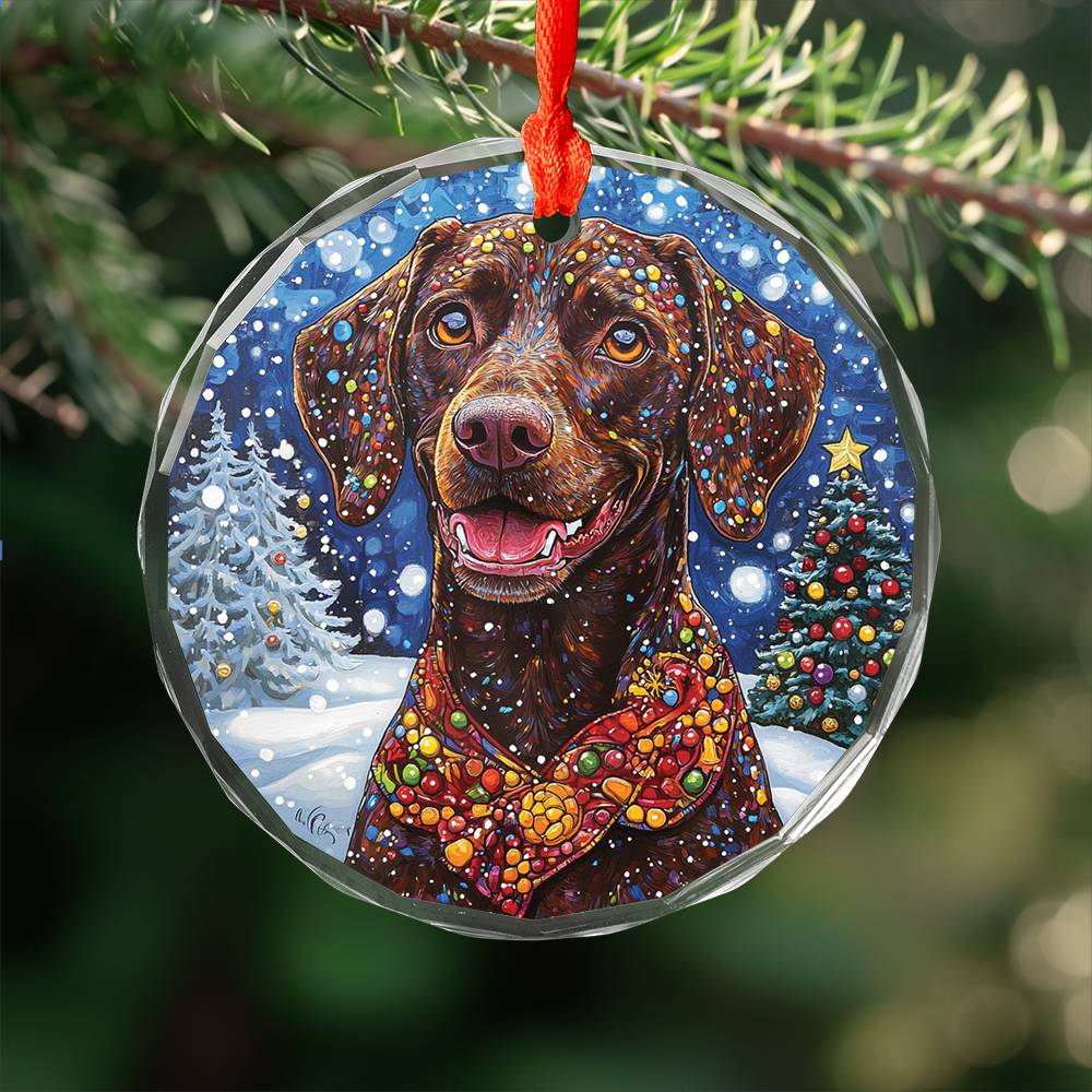 Beautiful Angus German Shorthaired Pointer Dog Christmas Night Design 2 Glass Ornament