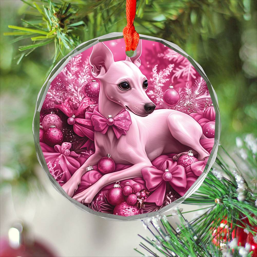 Whippet Dog Pink Christmas Design 2 Glass Ornament