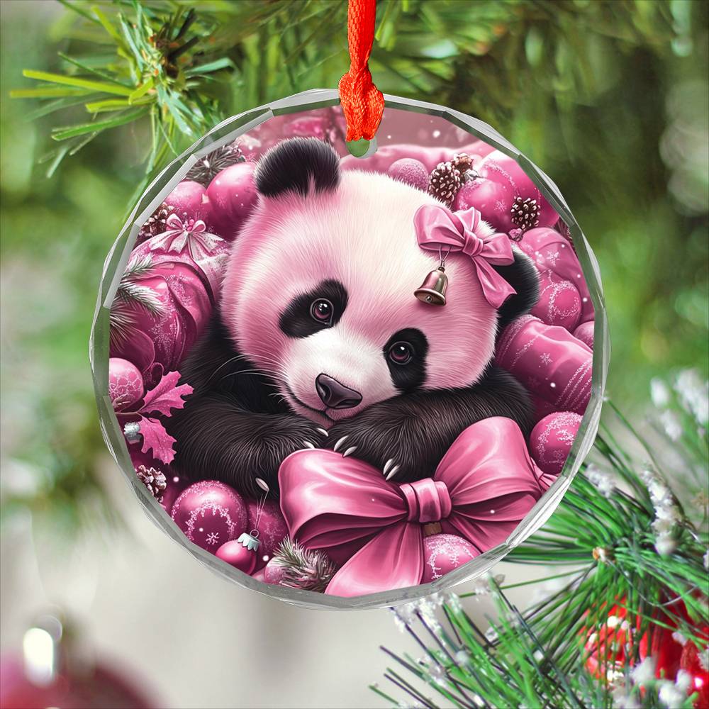Panda Pink Christmas Design 2 Glass Ornament