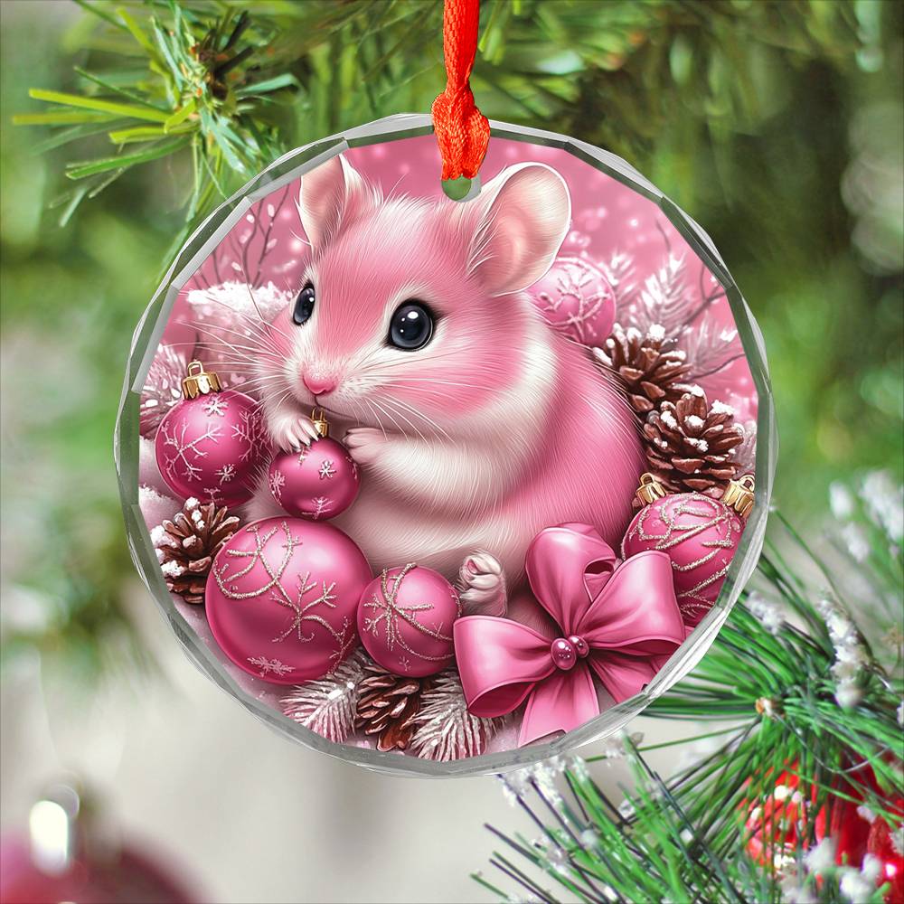 Hamster Pink Christmas Design 1 Glass Ornament