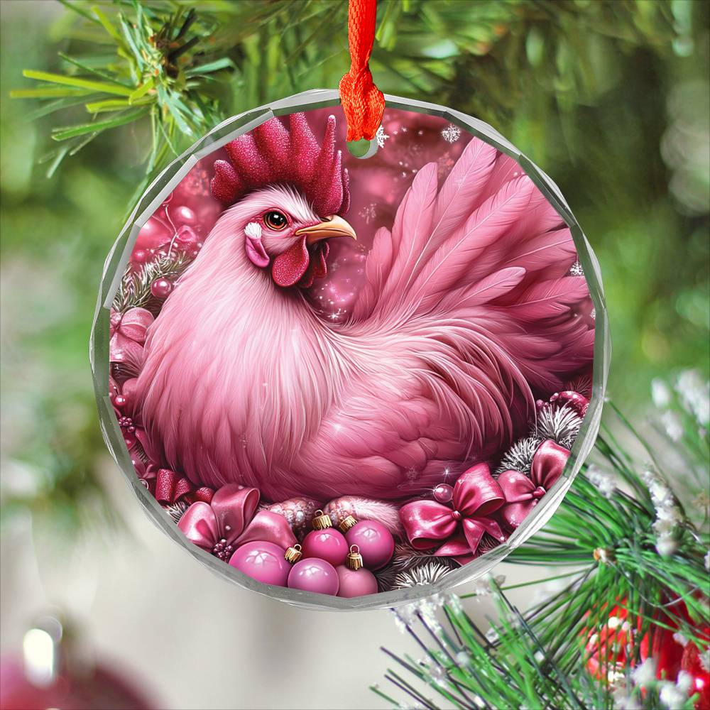 Rooster Pink Christmas Design 3 Glass Ornament