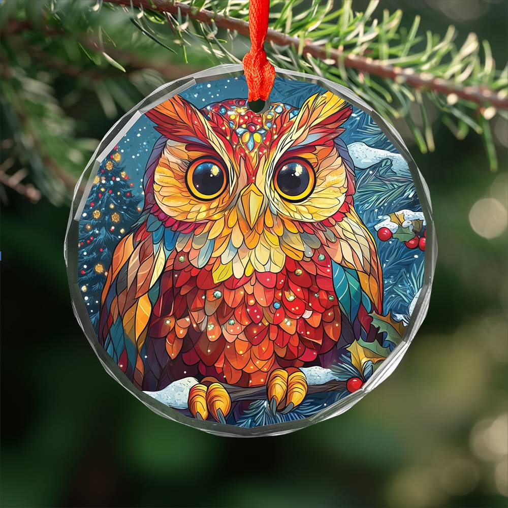 Beautiful Owl Christmas Night Design 2 Glass Ornament