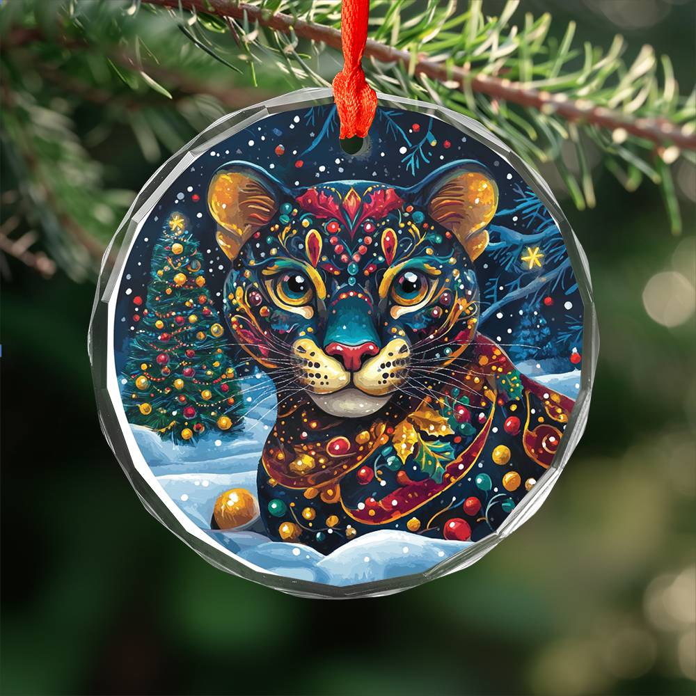 Beautiful Panther Christmas Night Design 4 Glass Ornament