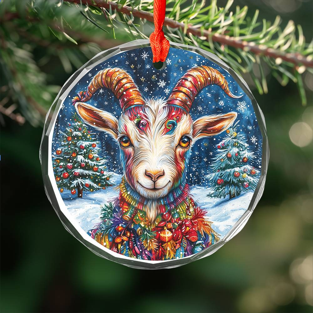 Beautiful Goat Christmas Night Design 3 Glass Ornament