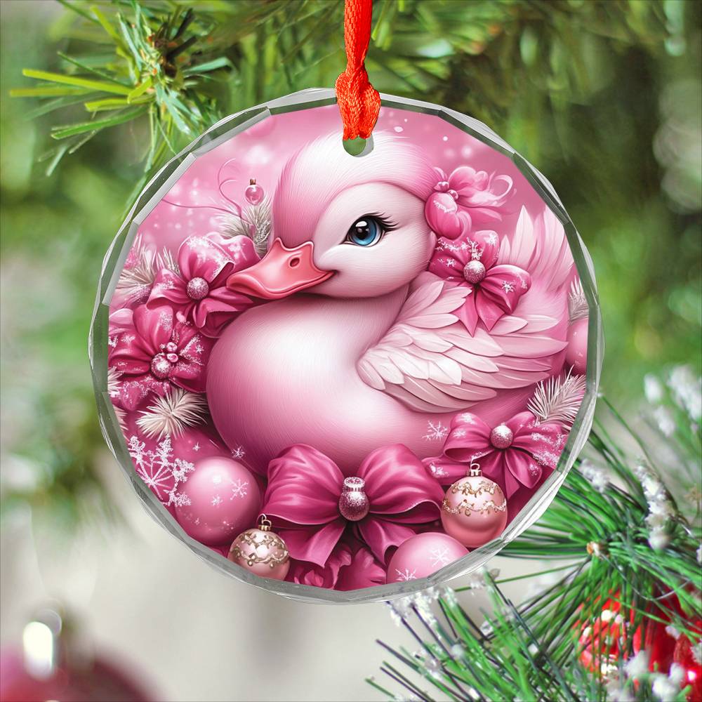 Duck Pink Christmas Design 3 Glass Ornament