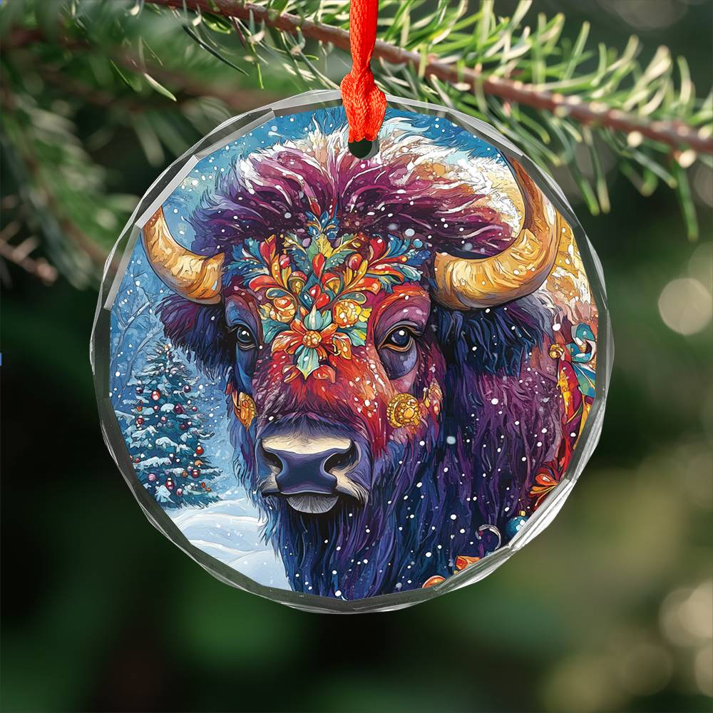Beautiful Bison Christmas Night Design 4 Glass Ornament
