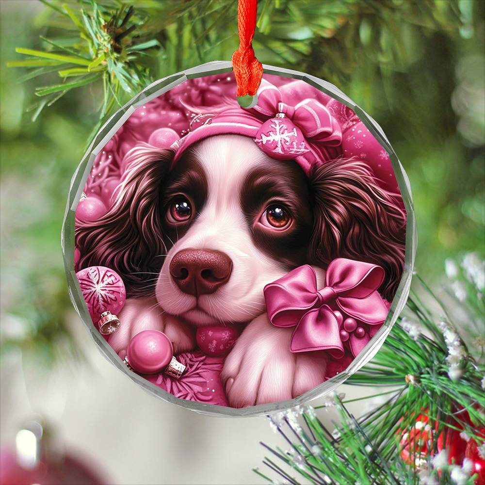 English Springer Spaniel Dog Pink Christmas Design 1 Glass Ornament