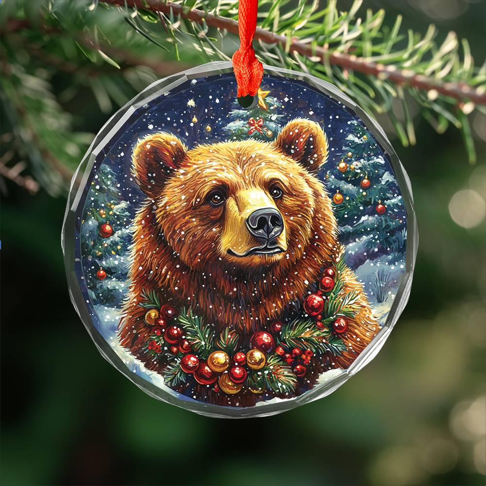 Beautiful Angus Grizzly Bear Christmas Night Design 3 Glass Ornament