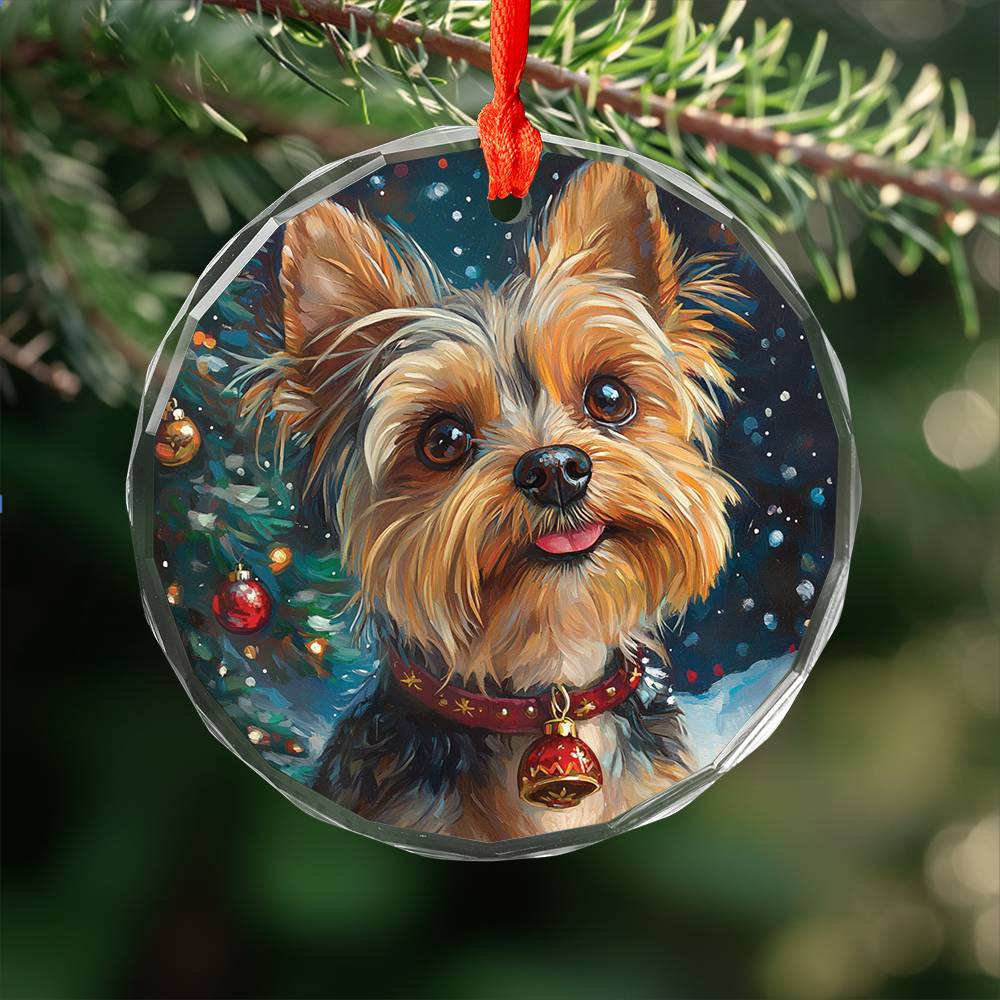 Beautiful Angus Yorkshire Terrier Dog Christmas Night Design 2 Glass Ornament