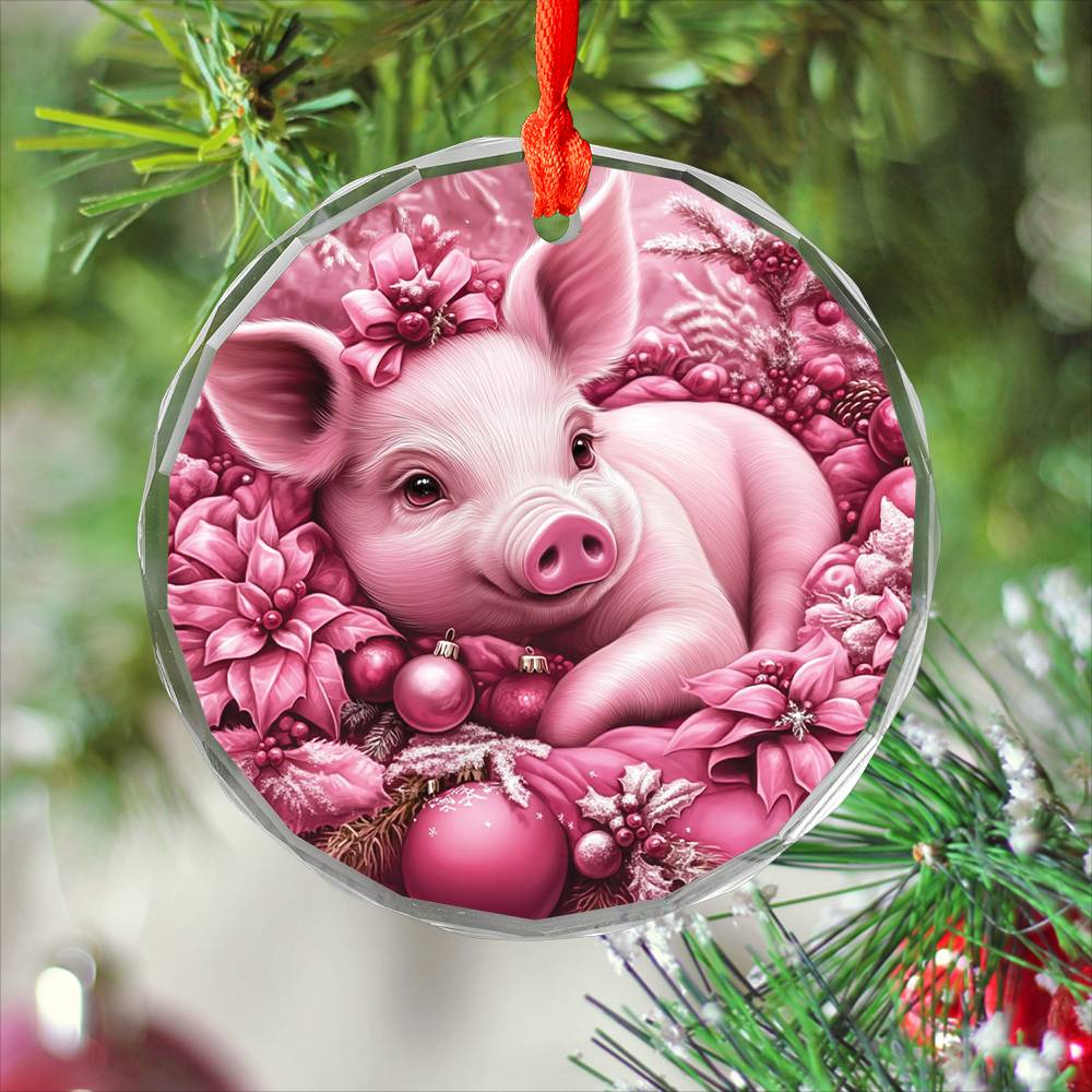 Pig Pink Christmas Design 2 Glass Ornament