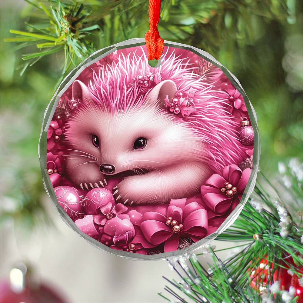 Hedgehog Pink Christmas Design 1 Glass Ornament