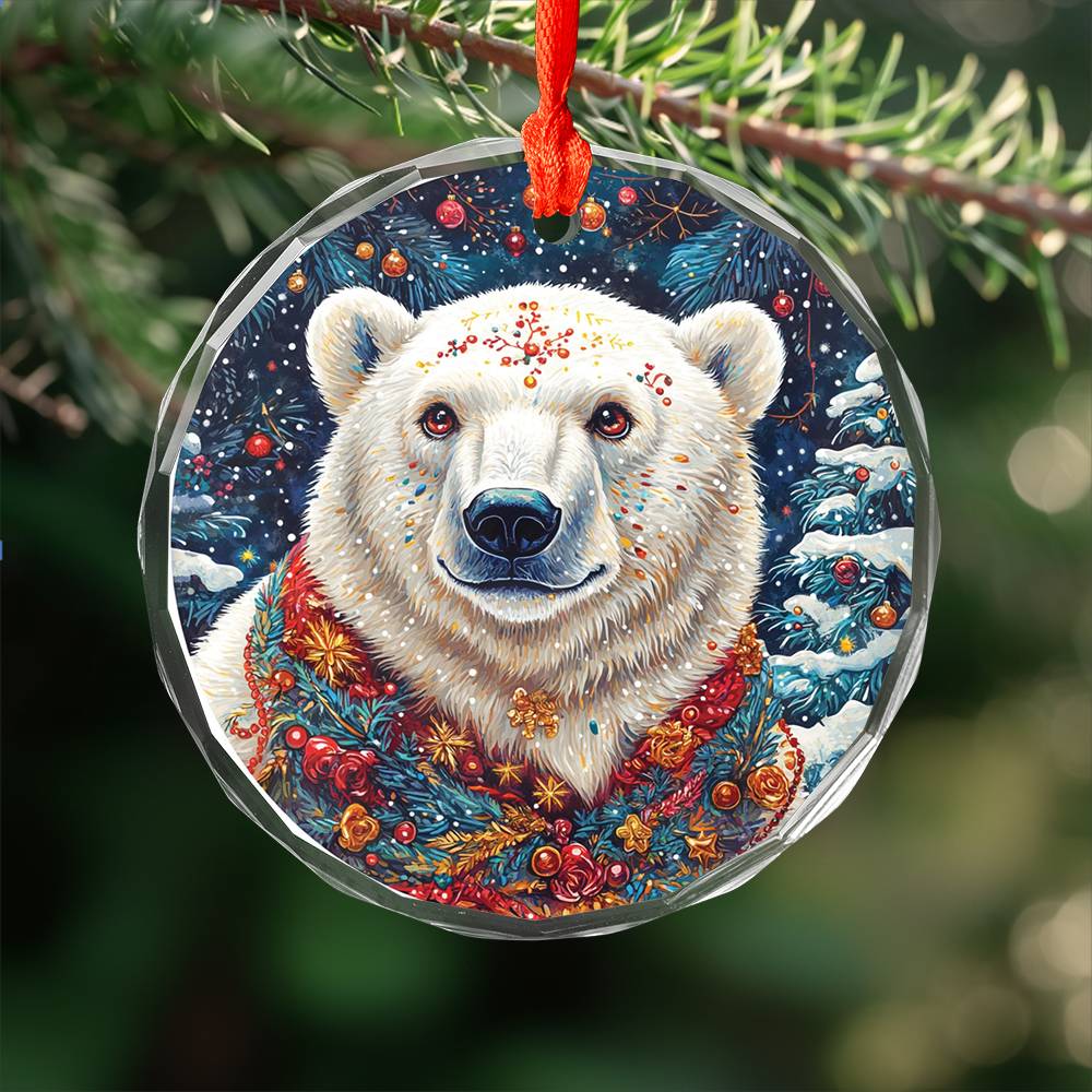 Beautiful Angus Polar Bear Christmas Night Design 2 Glass Ornament