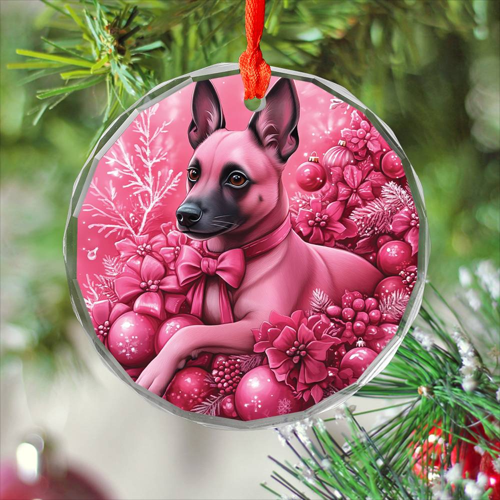 Belgian Malinoi Dog Pink Christmas Design 2 Glass Ornament