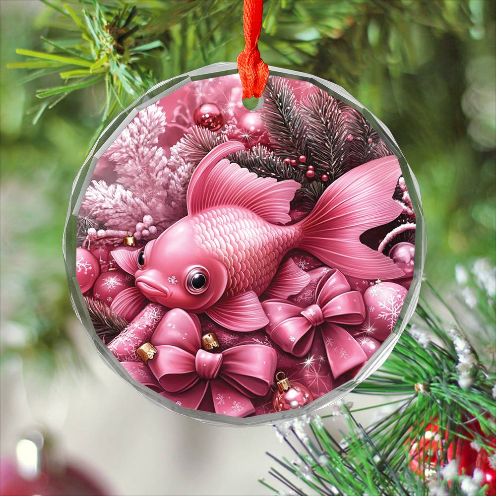 Goldfish Pink Christmas Design 2 Glass Ornament