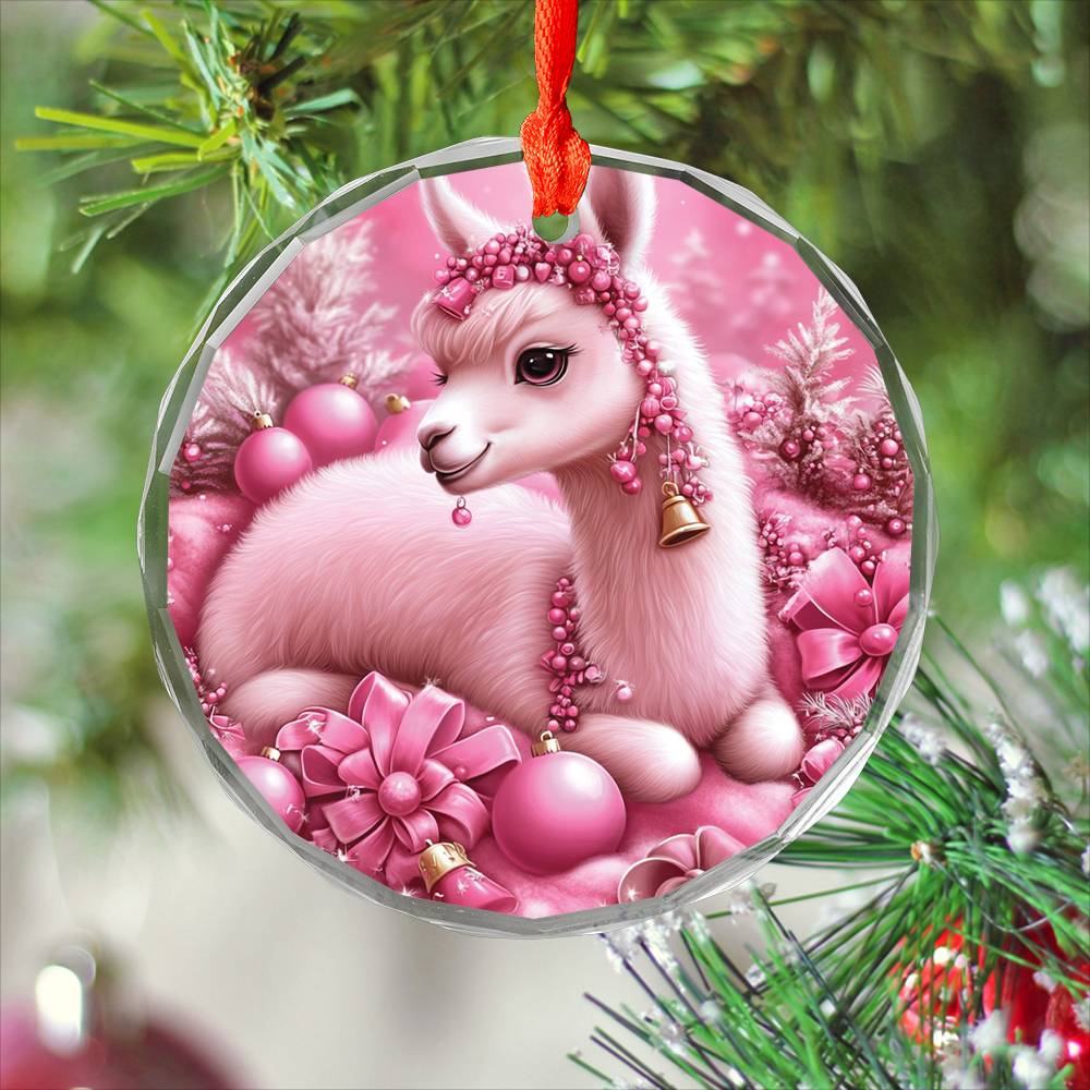 Alpaca Pink Christmas Design 2 Glass Ornament