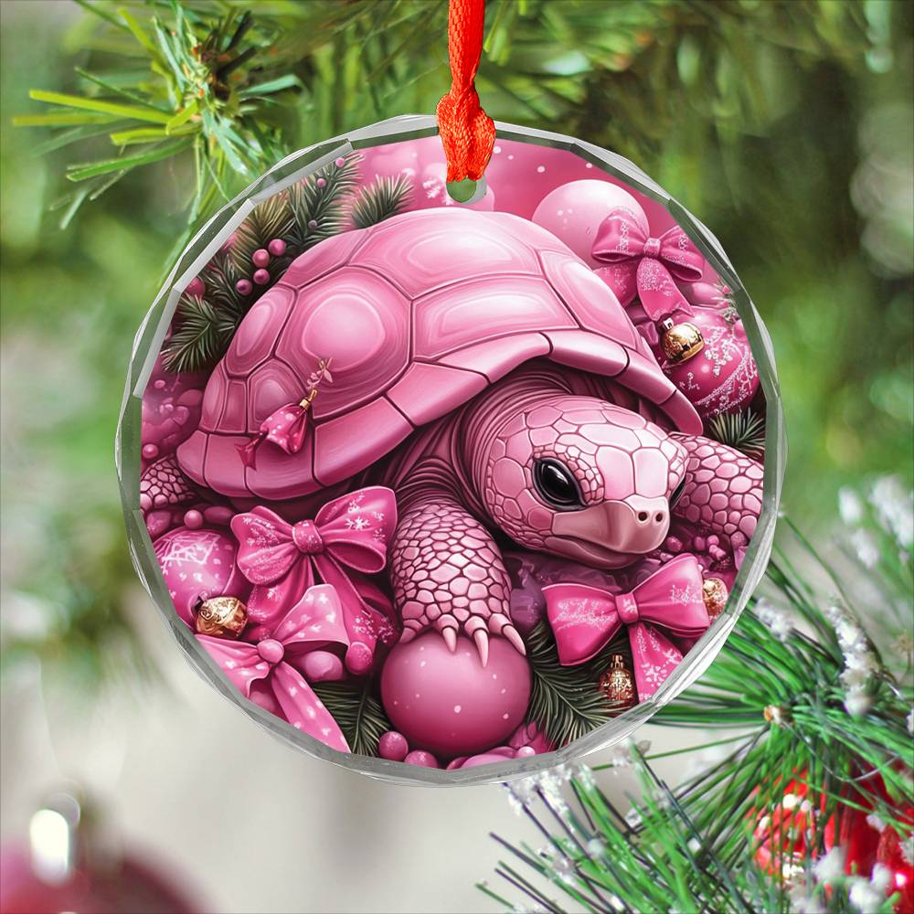Tortoise Pink Christmas Design 4 Glass Ornament