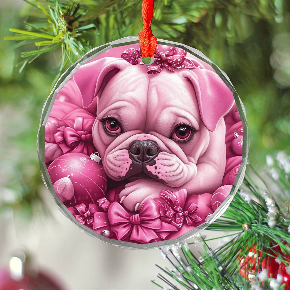 Bulldog Pink Christmas Design 3 Glass Ornament