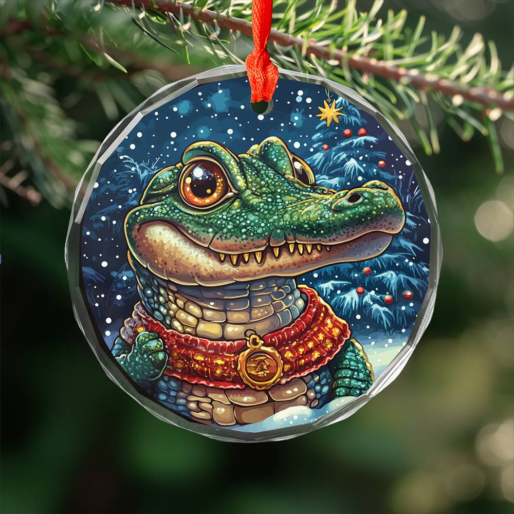 Beautiful Angus Alligator Christmas Night Design 3 Glass Ornament