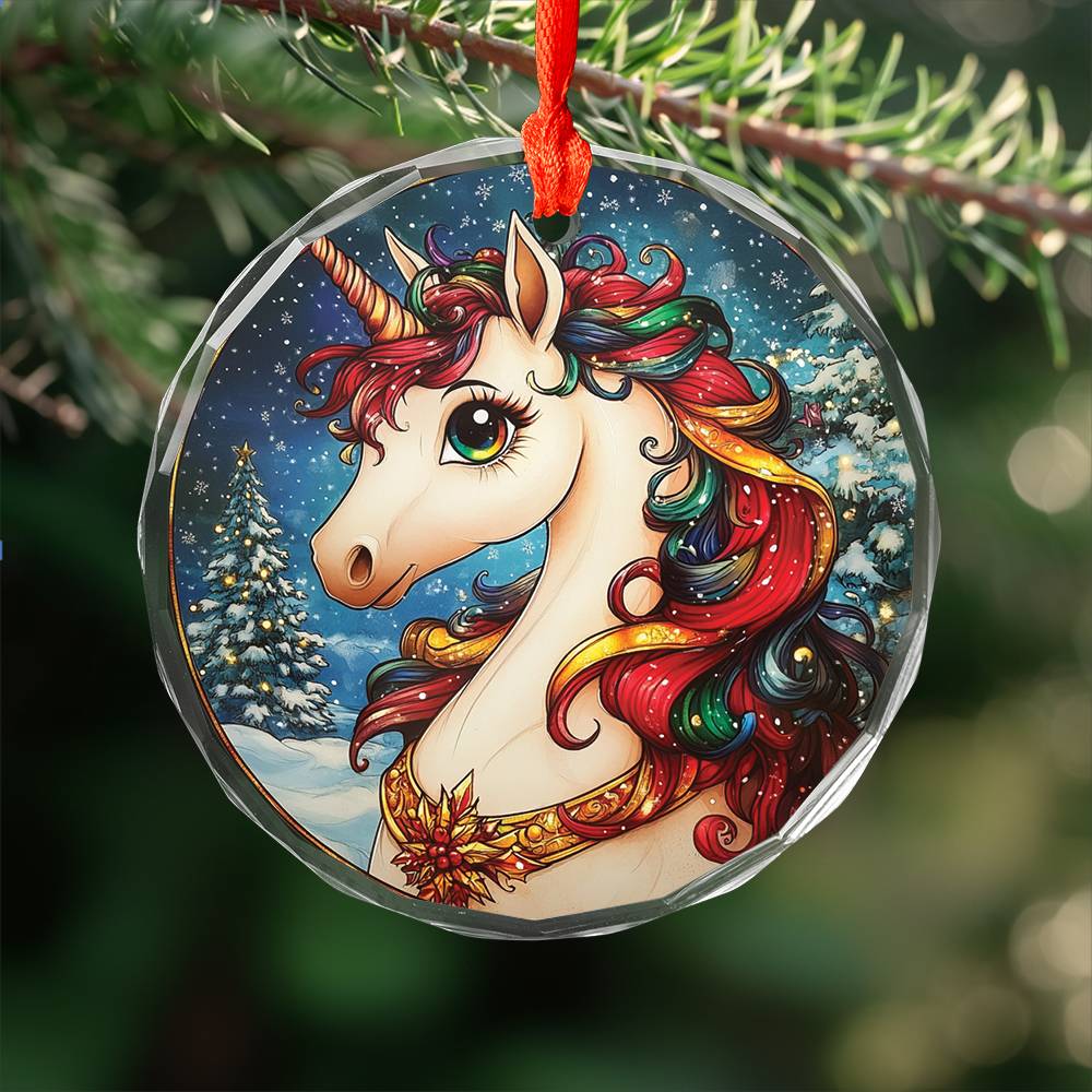 Beautiful Angus Unicorn Christmas Night Design 1 Glass Ornament