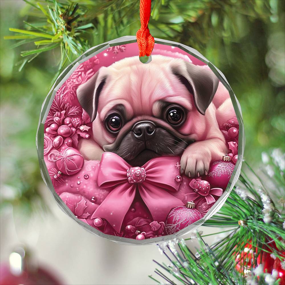 Pug Dog Pink Christmas Design 3 Glass Ornament